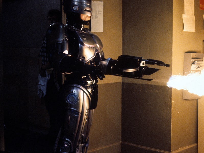 Robert John Burke fires a flamethrower in a scene from the film 'RoboCop 3', 1993. (Photo by Orion/G...