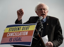U.S. Senator Bernie Sanders speaks at a protest in front of the Supreme Court during a rally for stu...