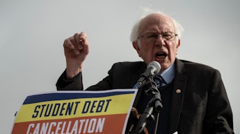 U.S. Senator Bernie Sanders speaks at a protest in front of the Supreme Court during a rally for stu...