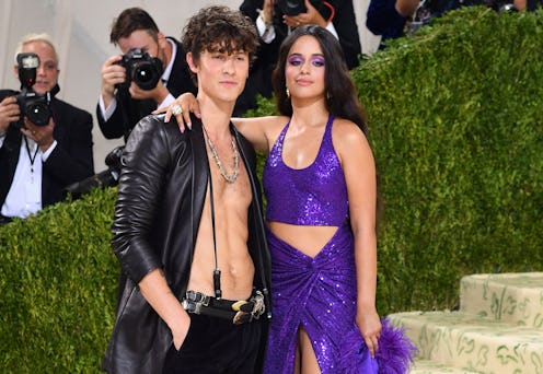 Canadian singer Shawn Mendes and Cuban-American singer Camila Cabello arrive for the 2021 Met Gala a...