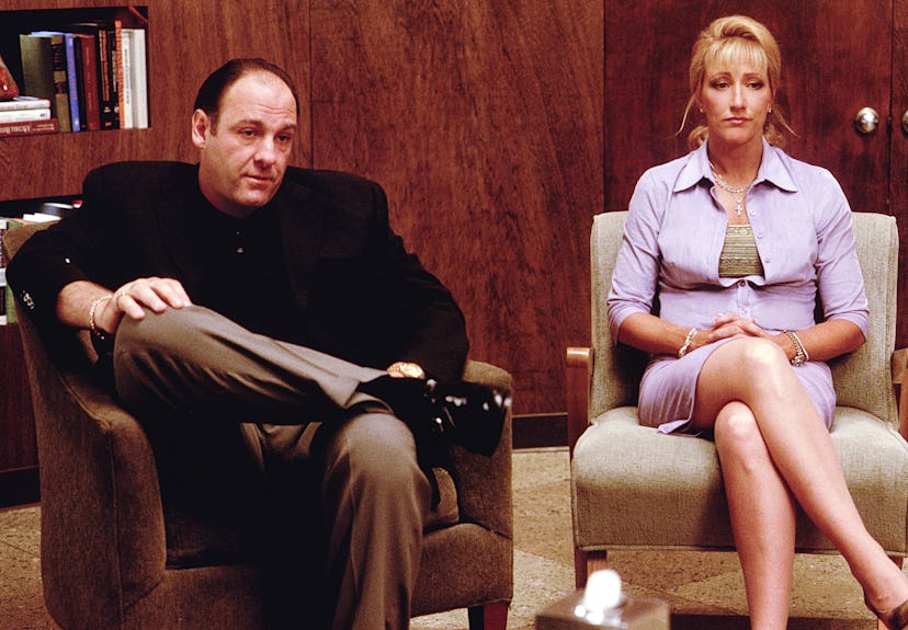 387931 02: James Gandolfini as Tony Soprano and Edie Falco as Carmela Soprano seek counseling in HBO...