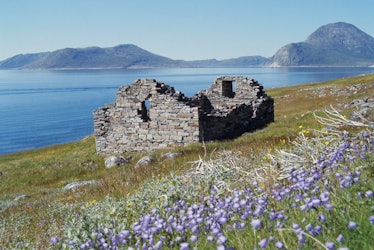 GREENLAND - 1981/01/01: Ruins of the old stone church at Hvalsey in South Greenland.  Hvalsey Church...