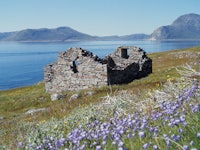 GREENLAND - 1981/01/01: Ruins of the old stone church at Hvalsey in South Greenland.  Hvalsey Church...