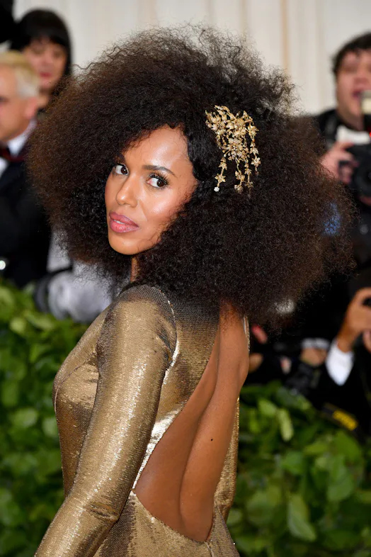 Kerry Washington voluminous brushed out afro with gold headpiece Met Gala 2018