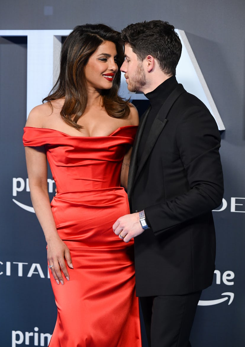 LONDON, ENGLAND - APRIL 18: Priyanka Chopra-Jonas and Nick Jonas arrive at the global premiere of "C...