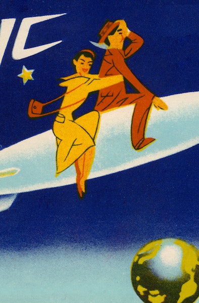 An illustration shows a man and a woman riding a rocket like a horse as it shoots through outer spac...