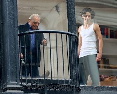 Martin Scorsese and Timothee Chalamet are seen at the movie set of the 'Chanel Bleu