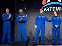TOPSHOT - (L-R) Astronauts Jeremy Hansen, Victor Glover, Reid Wiseman and Christina Hammock Koch sta...