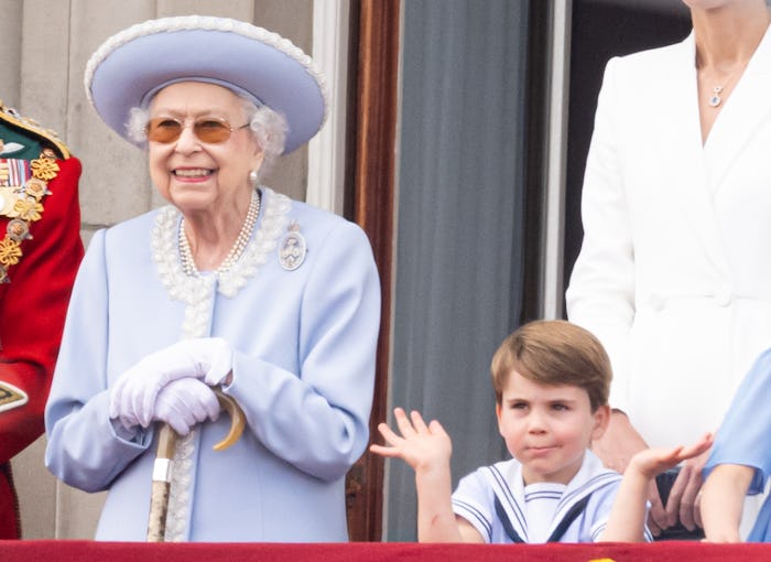 LONDON, ENGLAND - JUNE 02: Queen Elizabeth II and Prince Louis of Cambridge during Trooping the Colo...