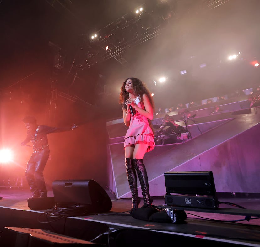 INDIO, CALIFORNIA - APRIL 22: Zendaya (R) performs with Labrinth at the Mojave Tent during the 2023 ...