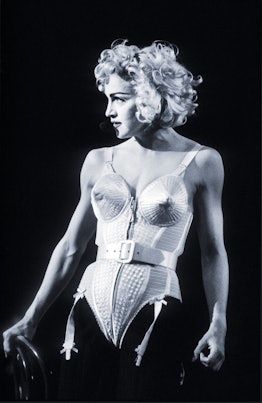 Madonna, Blonde Ambition Tour, She is wearing a Jean Paul Gaultier conical bra corset, 