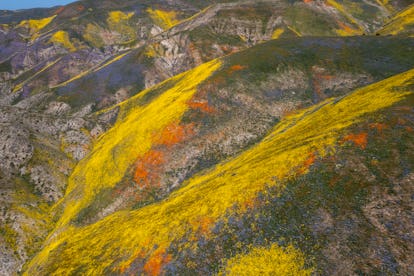 An aerial view of the Temblor Range, a mountain range that rises from the east side of the San Andre...