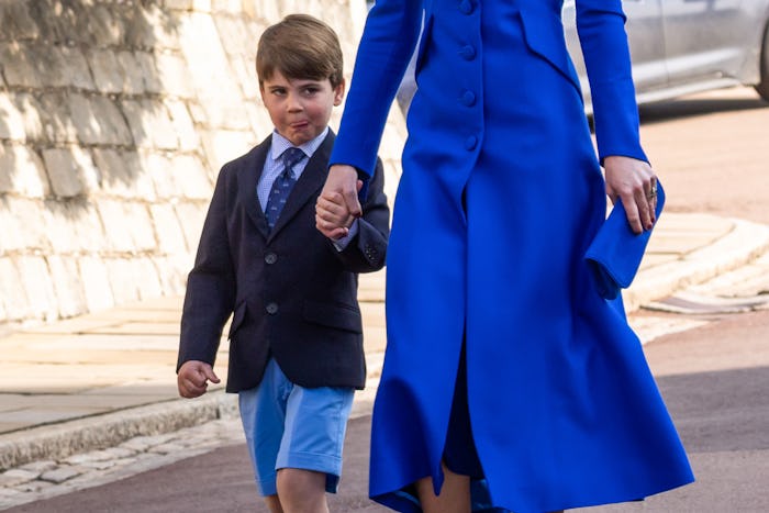 Prince Louis, 4, arrives with Catherine, Princess of Wales, to attend the Easter Sunday church servi...