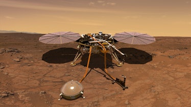An artist's rendition of the InSight lander operating on the surface of Mars. The lander's science i...
