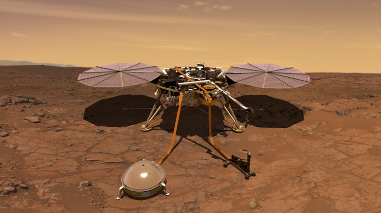An artist's rendition of the InSight lander operating on the surface of Mars. The lander's science i...