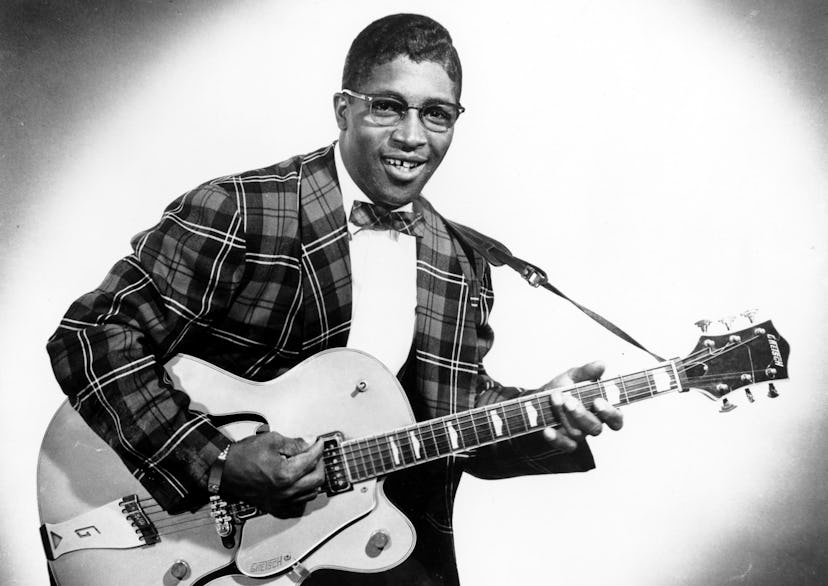 Music baby names inspiration Bo Diddley poses for a portrait with his Gretsch electric guitar in cir...