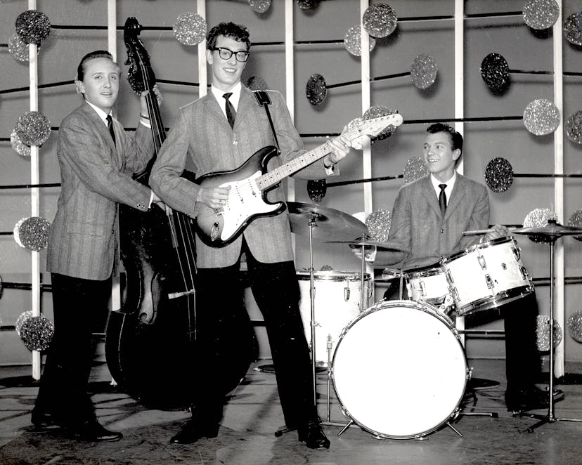 Buddy Holly And The The Crickets, (L-R) Joe B Mauldin, Buddy Holly (with Fender Stratocaster guitar)...