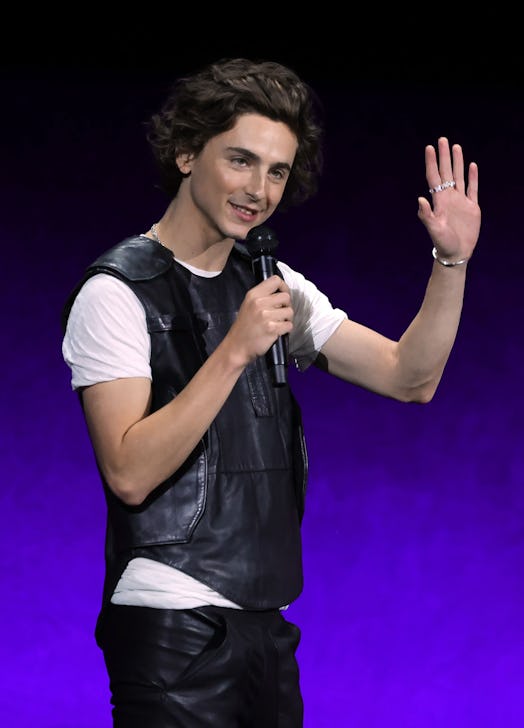 LAS VEGAS, NEVADA - APRIL 25: Timothée Chalamet speaks onstage, promoting the film "Wonka", for the ...