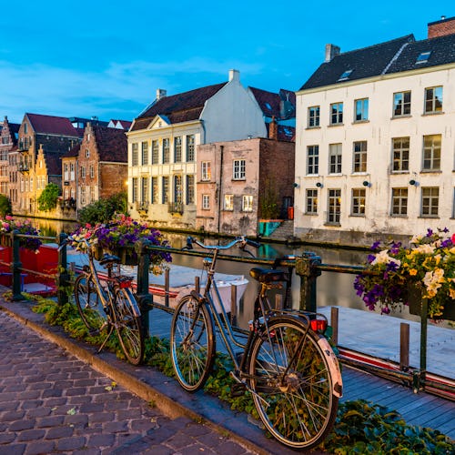 Bikes and flowers along the canal in Ghent, Belgium 