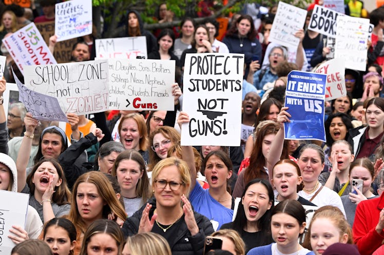 Anti-gun demonstrators protest at the Tennessee Capitol for stricter gun laws in Nashville, Tennesse...