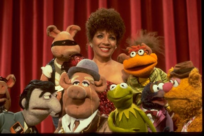Welsh singer Shirley Bassey with Kermit The Frog and others on the set of The Muppet Show at Elstree...