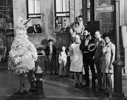 circa 1969:  Cast members of the television show, 'Sesame Street,' posing on the set with some of th...
