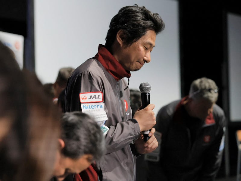 Takeshi Hakamada, CEO of Japanese firm ispace, bows after explaining that the communication of the H...