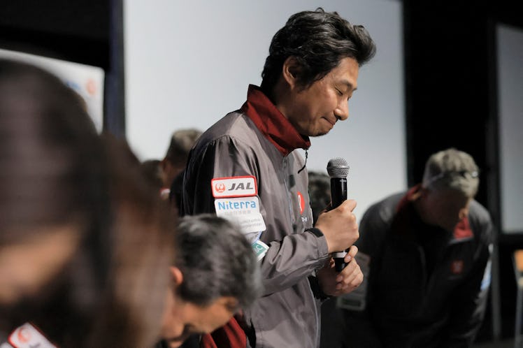 Takeshi Hakamada, CEO of Japanese firm ispace, bows after explaining that the communication of the H...