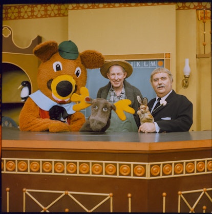 American children's television host Robert (Bob) Keeshan (R) poses with the cast of his TV series 'C...