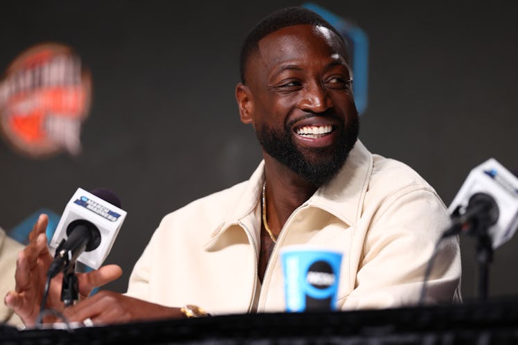 HOUSTON, TEXAS - APRIL 01: Inductee Dwyane Wade reacts during the 2023 Naismith Hall of Fame Press C...