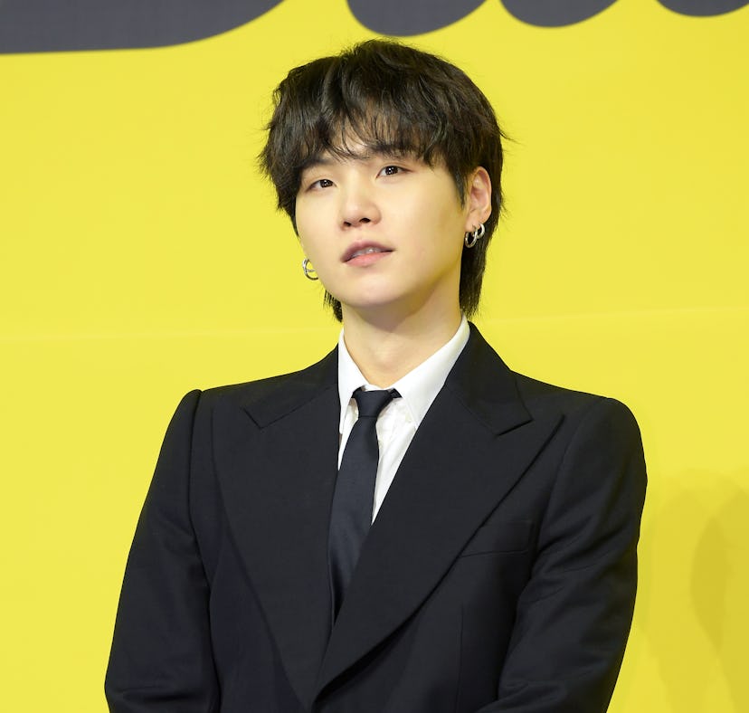 SEOUL, SOUTH KOREA - MAY 21: Suga of BTS attends a press conference for BTS's new digital single 'Bu...