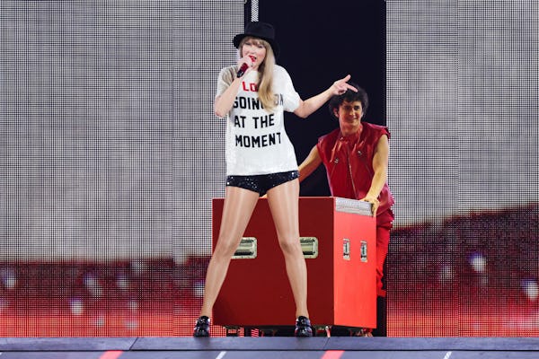 Taylor Swift performs onstage during the "Taylor Swift | The Eras Tour" at Allegiant Stadium on Marc...