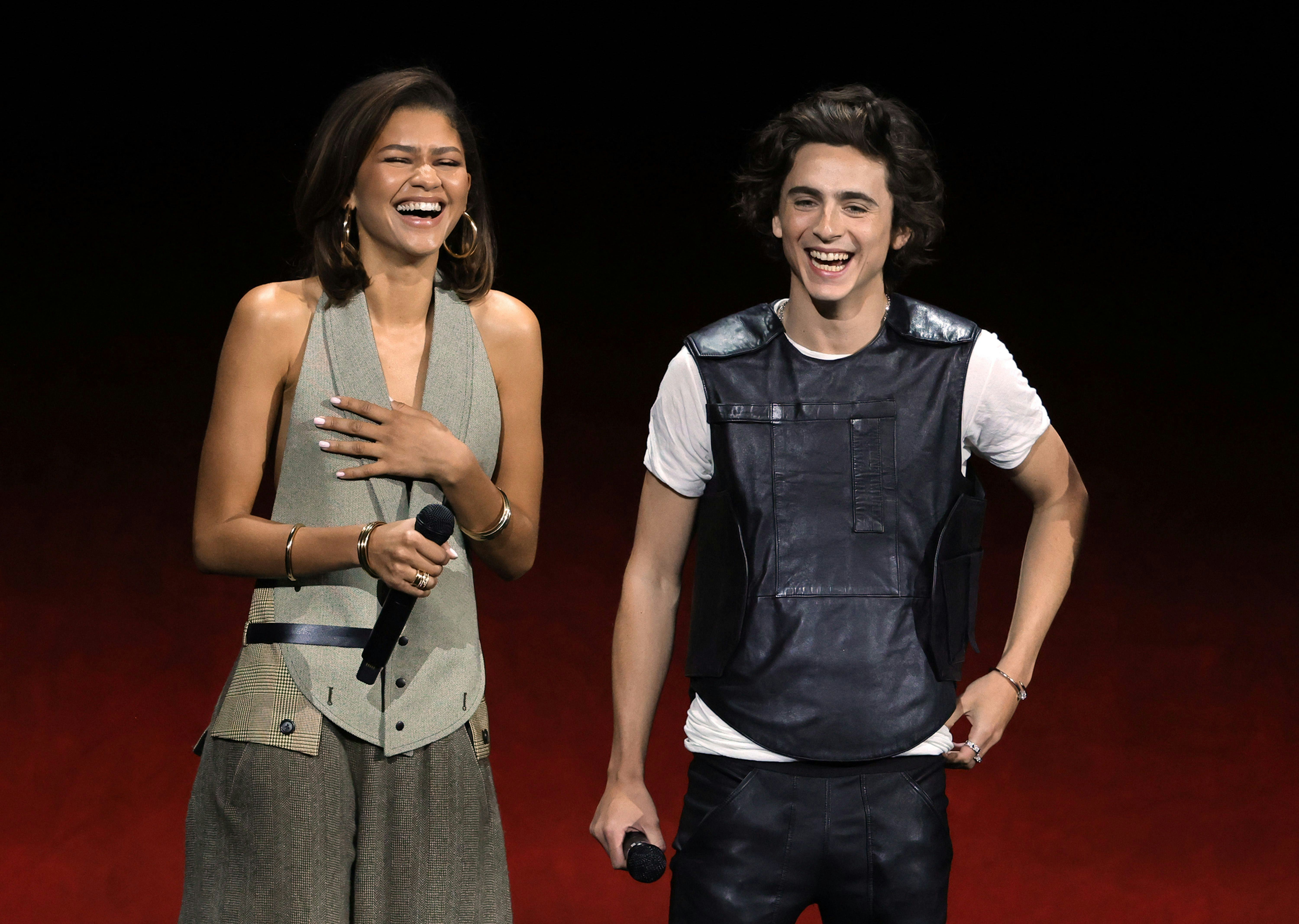 LAS VEGAS, NEVADA - APRIL 25: (L-R) Zendaya and Timothée Chalamet speak onstage as they promote the &hellip;