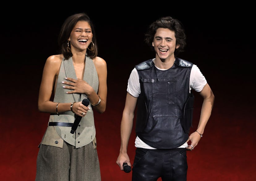 LAS VEGAS, NEVADA - APRIL 25: (L-R) Zendaya and Timothée Chalamet speak onstage as they promote the …