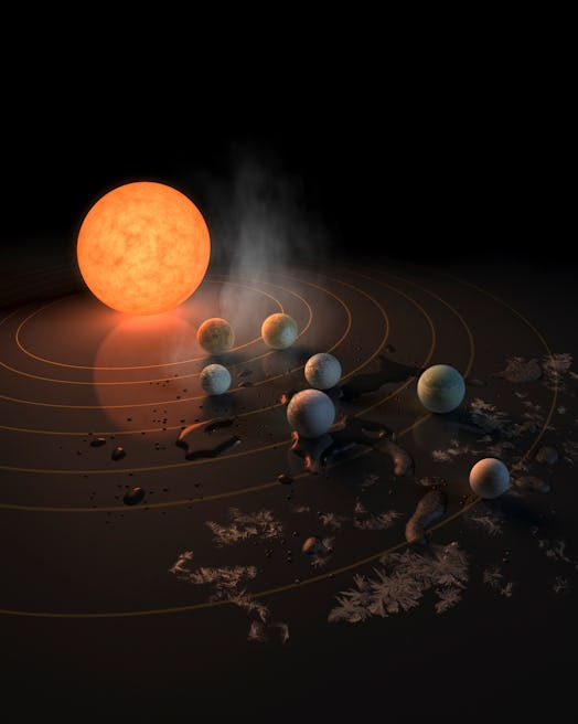 Artist concept of what TRAPPIST-1's seven planets might look like in orbit around their host star.  ...