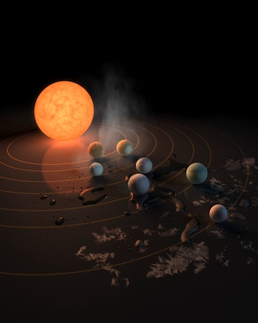 Artist concept of what TRAPPIST-1's seven planets might look like in orbit around their host star.  ...