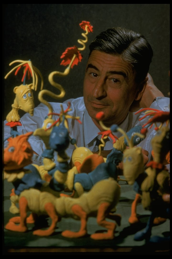 1959: Children's book author/illustrator Theodor Seuss  Geisel posing with models of characters he h...