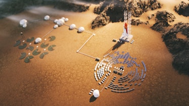 Human base on a new planet, aerial view. Selective focus on the solar panels