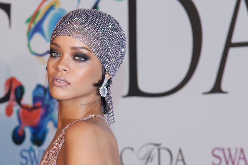 Rihanna's eyes standing out with smoky shadow on the red carpetin 2014.