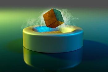 Illustration of magnetic levitation using a high-temperature ceramic superconductor. A magnetised cu...