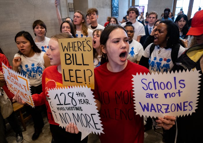Protesters gather at the Tennessee State Capitol building to call for gun reform laws and show suppo...