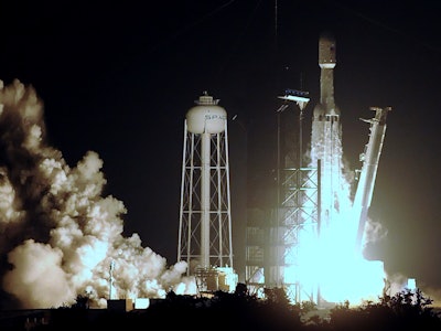 A SpaceX Falcon Heavy rocket carrying satellites for the U.S. Air Force successfully launches from p...