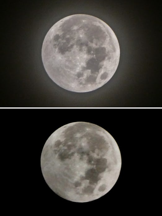 A combination of two pictures taken on June 6, 2020 shows the full moon, known as Strawberry Moon, f...