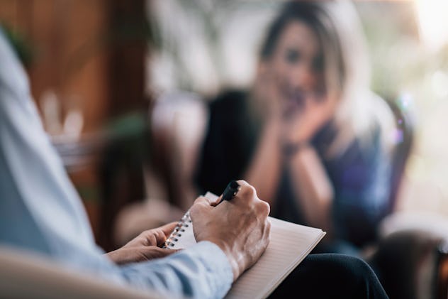 Psychology therapy session. Female patient talking to mental health professional.
