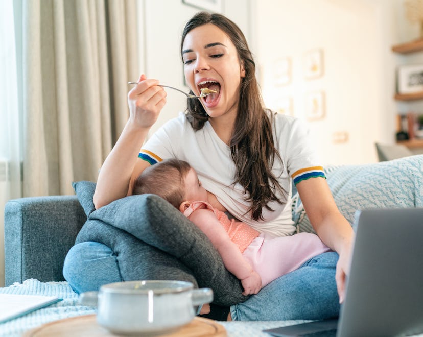 Young Mom Breastfeeding Baby While eating. but are there any foods to avoid while breastfeeding?