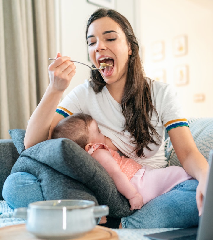 Young Mom Breastfeeding Baby While eating. but are there any foods to avoid while breastfeeding?