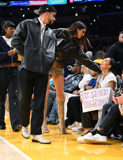 Kendall Jenner and Bad Bunny at Game 6 of the NBA playoffs at Crypto.com Friday. (Wally Skalij/Los A...