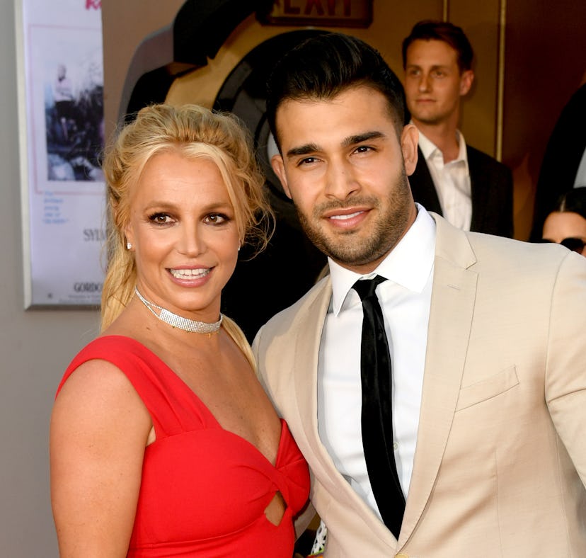 HOLLYWOOD, CALIFORNIA - JULY 22: Britney Spears (L) and Sam Asghari arrive at the premiere of Sony P...