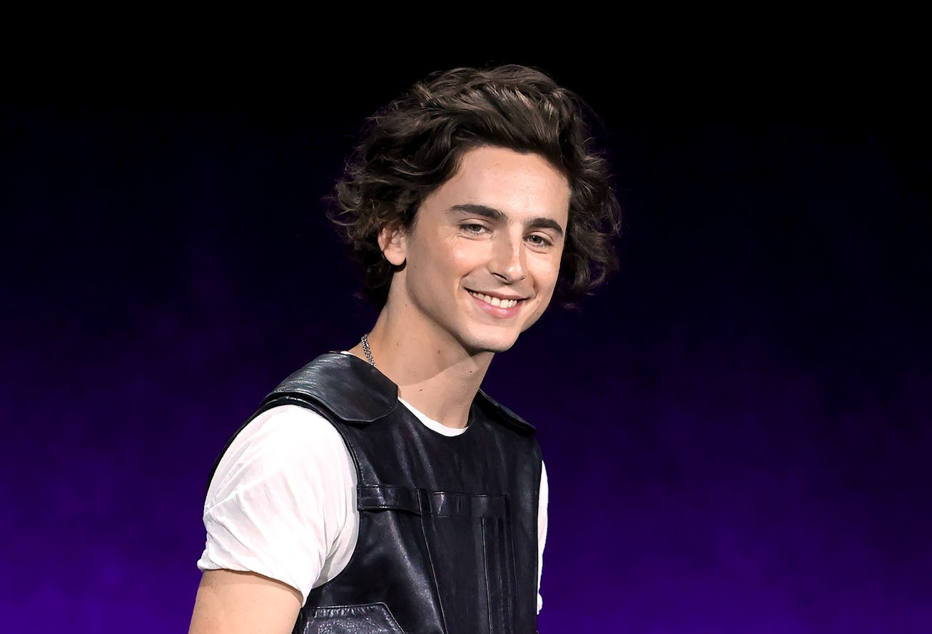 LAS VEGAS, NEVADA - APRIL 25: Timothée Chalamet speaks onstage as he promotes the film "Wonka" durin...