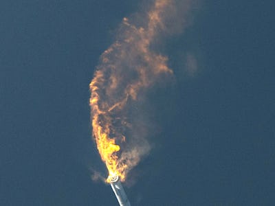 SOUTH PADRE ISLAND , TX - APRIL 20:   SpaceX's Starship spacecraft and Super Heavy rocket turns upsi...